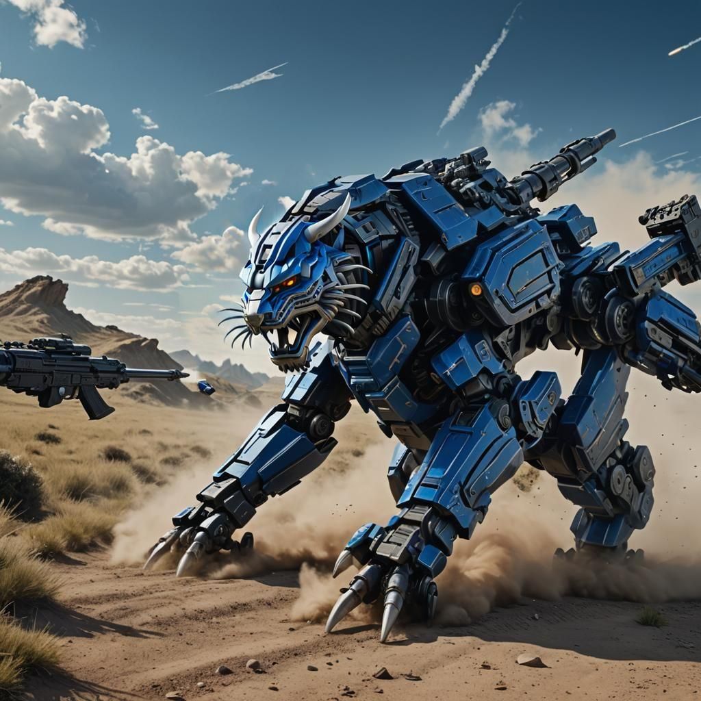 Futuristic Armored Panther Zoid Sliding Through Grassland