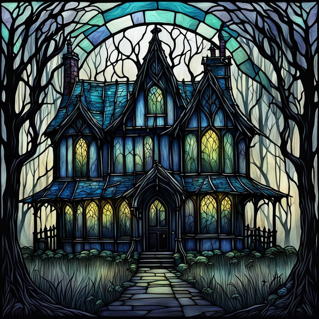 Gothic Stained Glass Cottage in Dark Fantasy Style