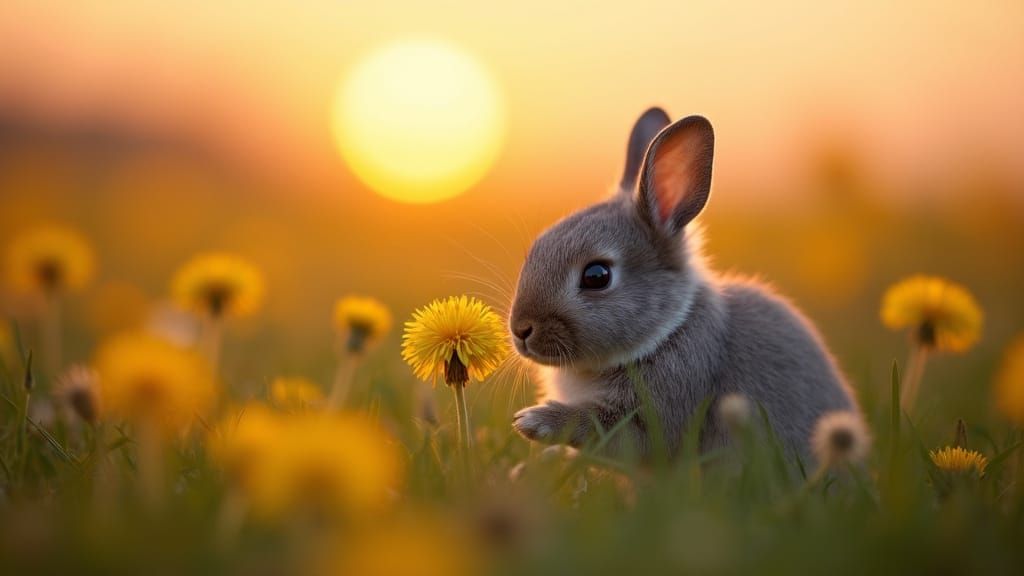 Grey Netherlands Dwarf Bunny in a Field of Dandelions at Sun...