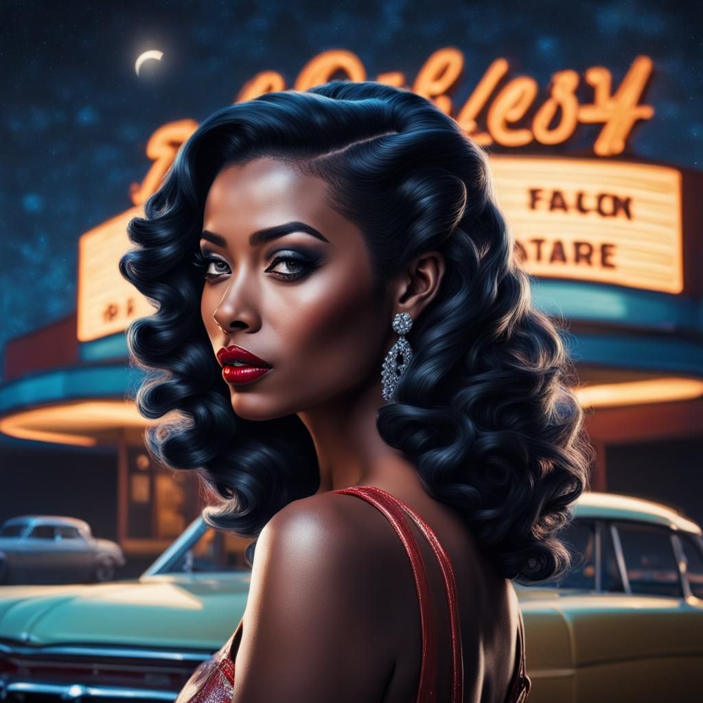 Pinup Girl in Drive-In Theatre under Starry Sky