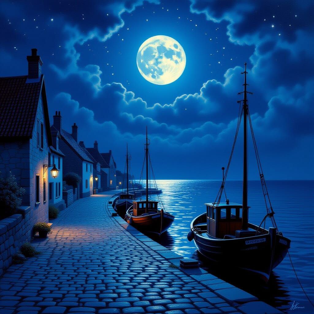 Hyper-Realistic Seaside Village Under a Full Moon