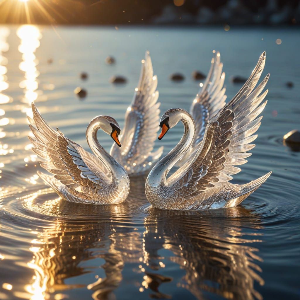 Sunlit Crystal Swans Floating on Sparkling Sea