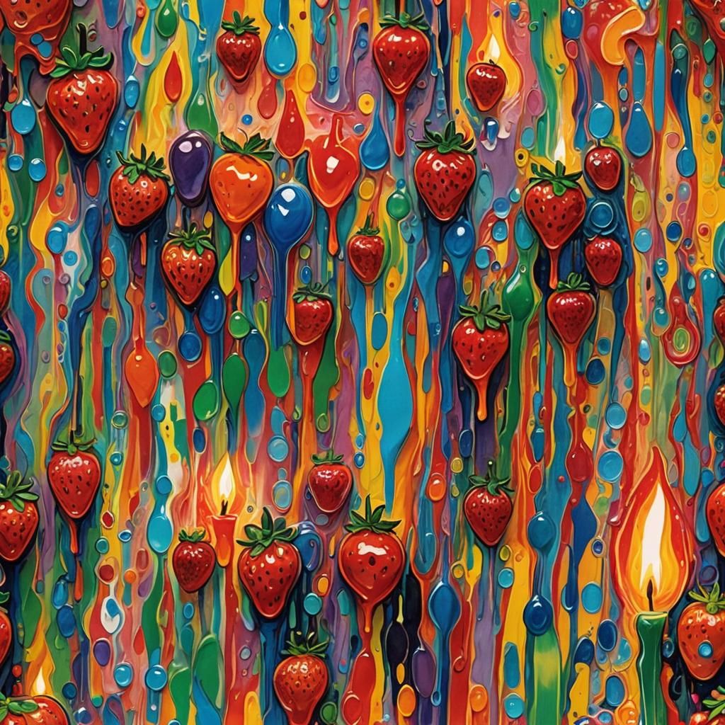 Strawberry Ramune Bottle with Rainbow Candle, Abstract Art