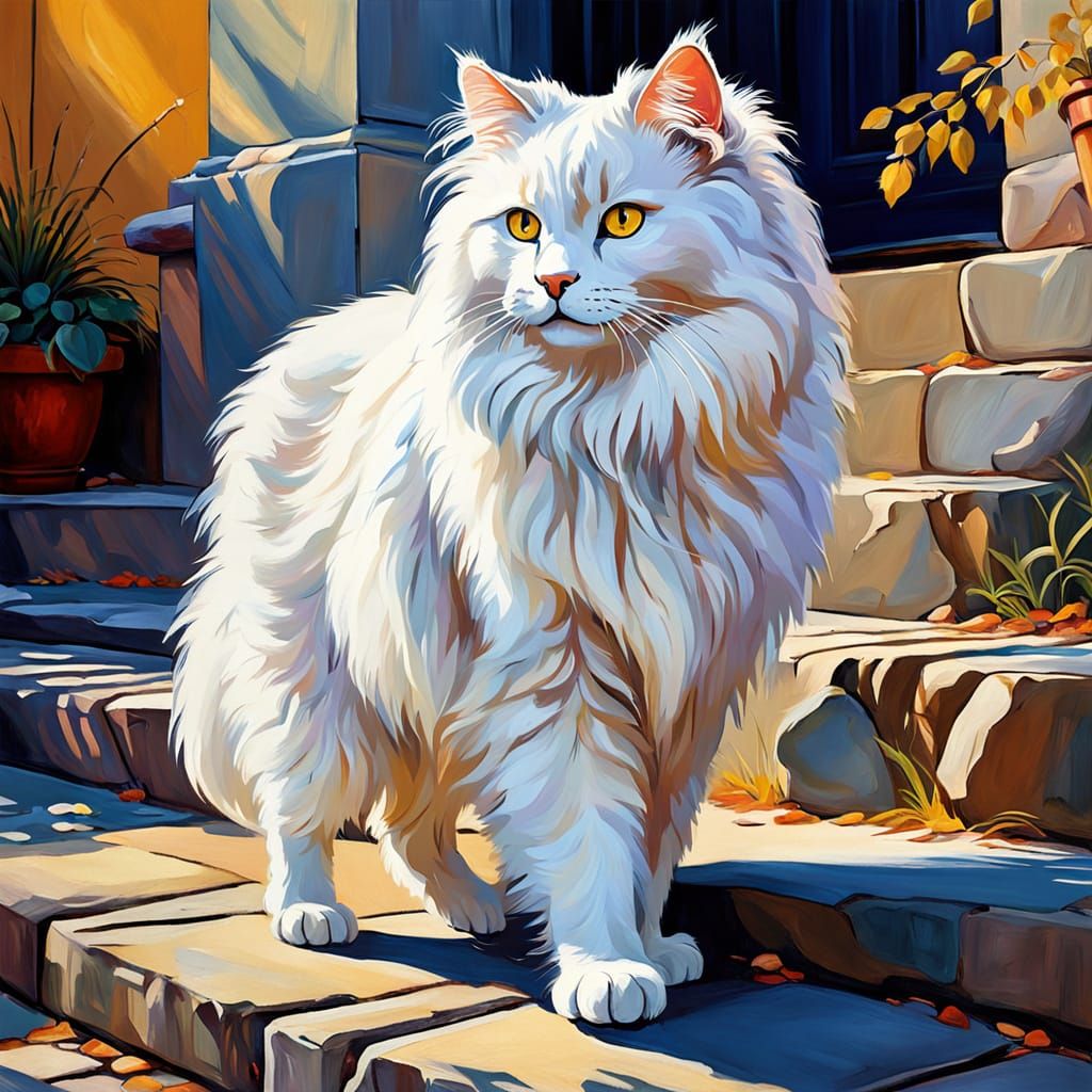 Angora Cat in Oil Painting, Fauvist Style