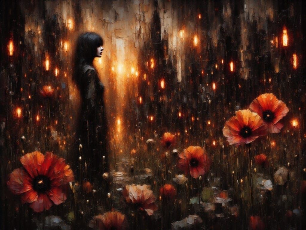 Gothic Woman in Forest at Sunset, Impasto Style