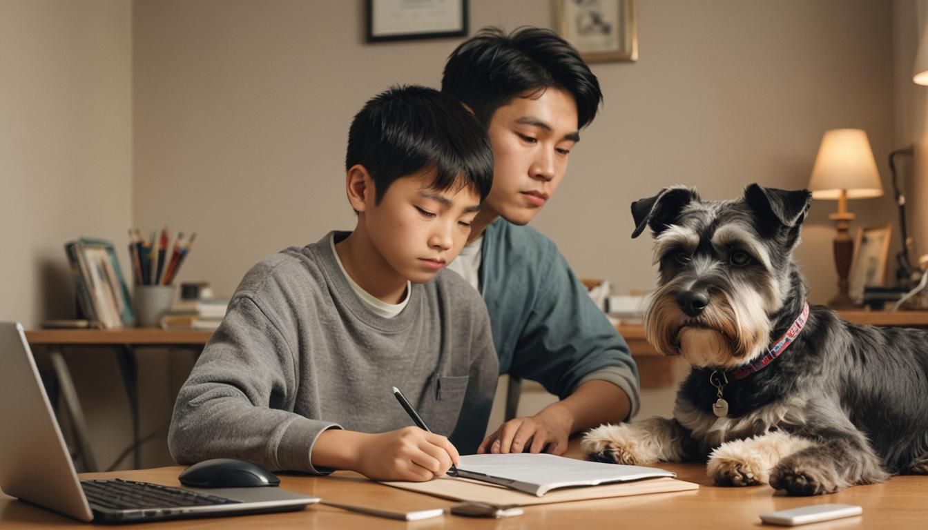 Cozy Interior: Boy, Dog, and Computer in Warm Light