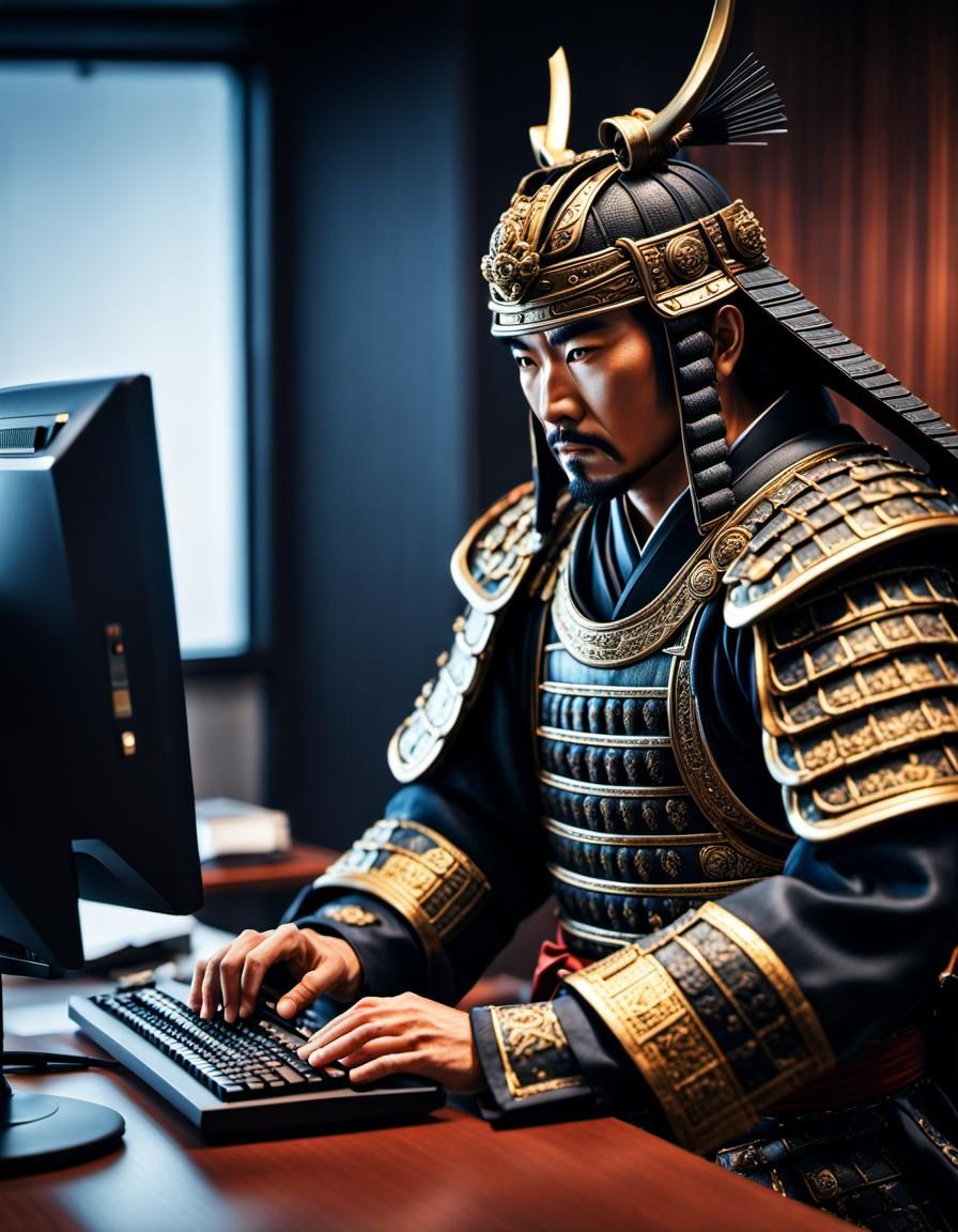 Samurai in Tokyo Office: Hyperrealistic HDR Image