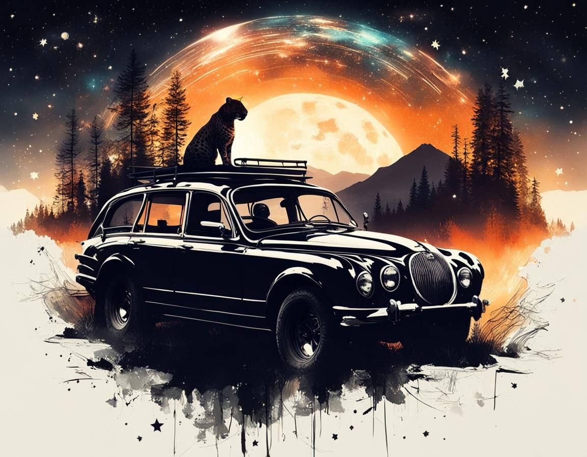 Jaguar Silhouette in Starry Forest at Sunset