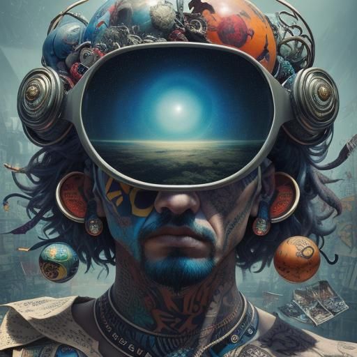 Surreal Tattooed Man with Floating Art Supplies