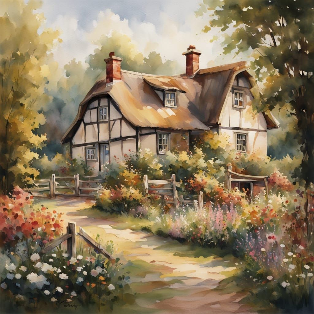 Watercolor Village Scene in Soft Morning Light