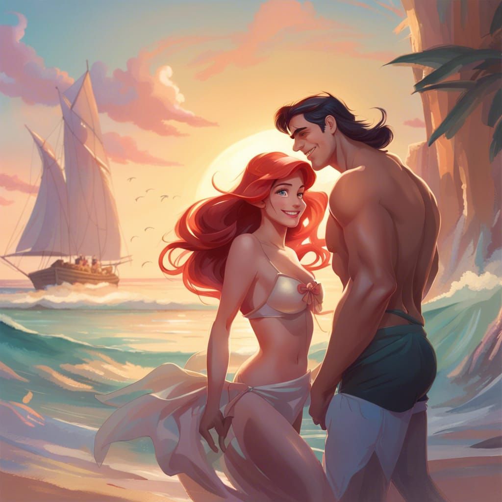 princess Ariel and prince Eric on the beach