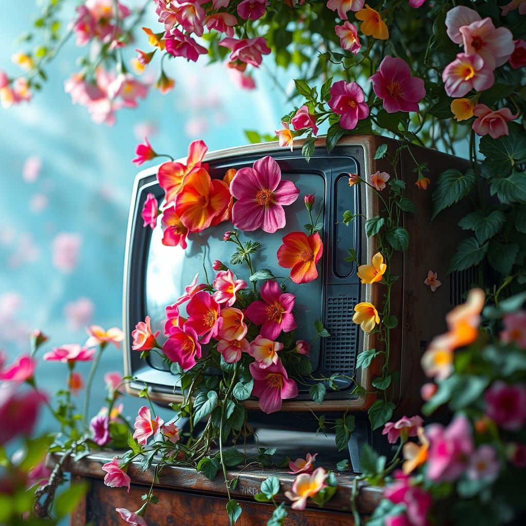 Dreamlike TV Overflowing with Flowers as Digital Art