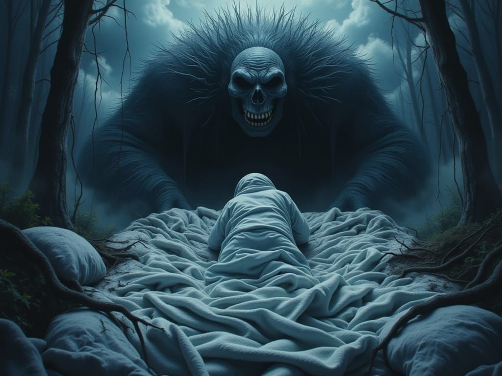 Boy Hiding From Monster Under Bed in Chiaroscuro