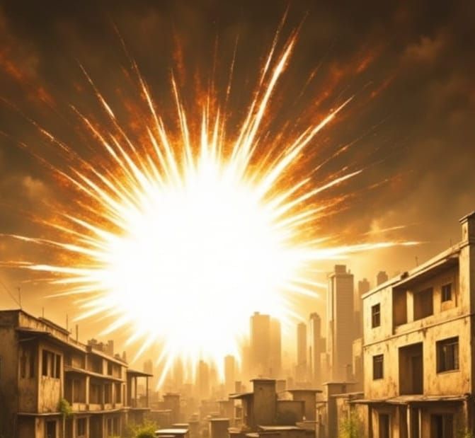 Abandoned City Lit by Explosion as Oil Painting