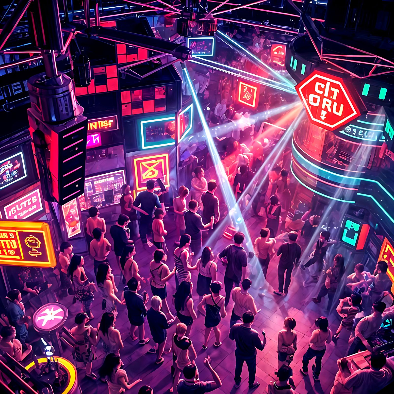 Retro Futuristic Nightclub Scene in Pixel Art