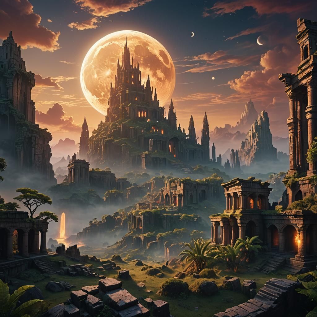 Celestial Moonscape with Ancient Ruins: Digital Matte Painti...