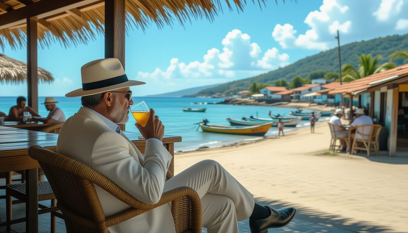 Colombian Man Relaxing at Seaside Bar in White Suit