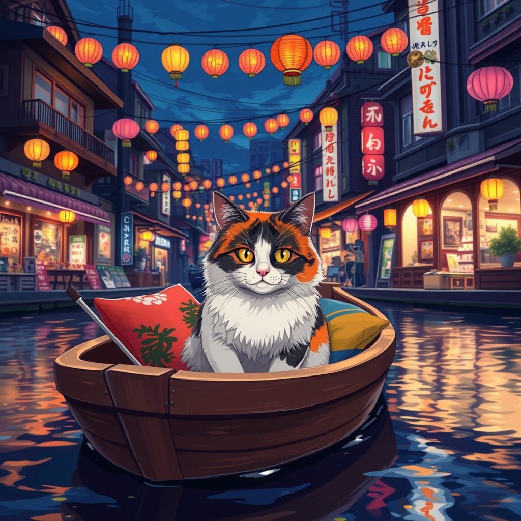 Manga Inspired Anime Cat in a Japanese Canal Boat