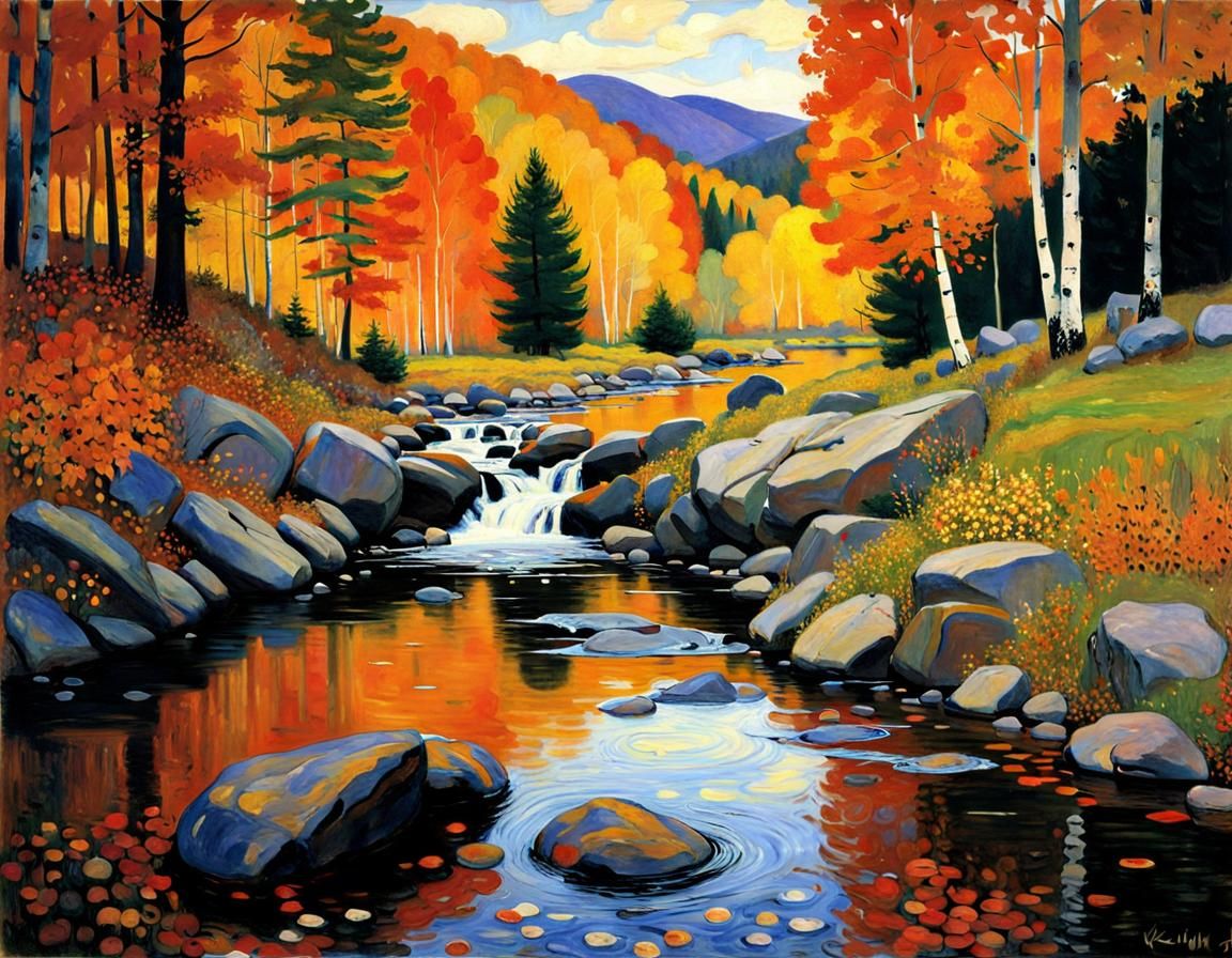 Vermont Autumn Stream Inspired by Klimt and Engle