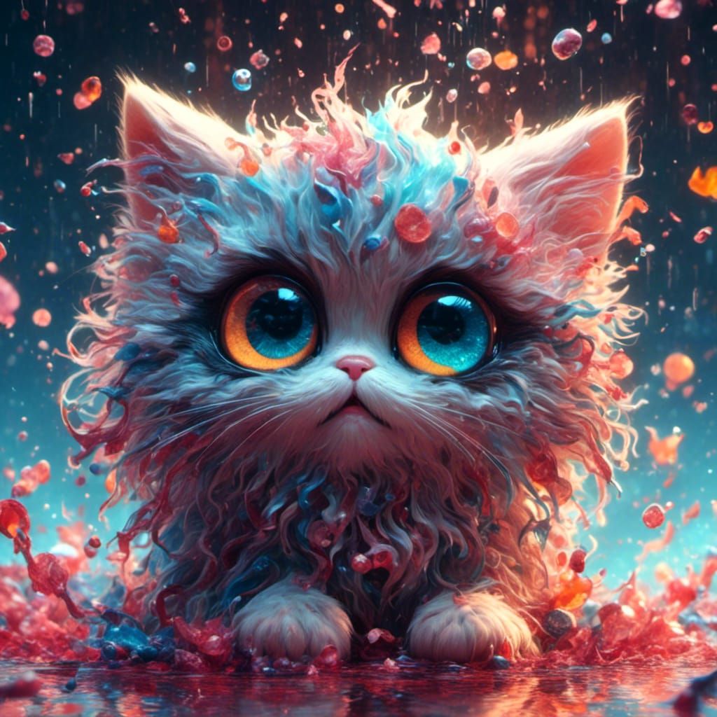 Crying-Eyed Fluffy Kitten: Detailed Fantasy Art