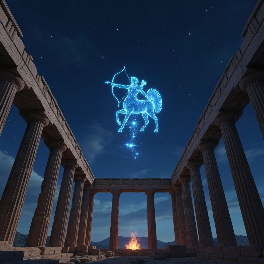 Ancient Temple at Night with Holographic Centaur