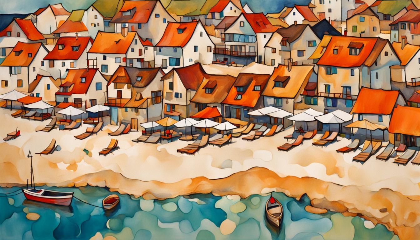 Summer Beach Village in Expressionist Style