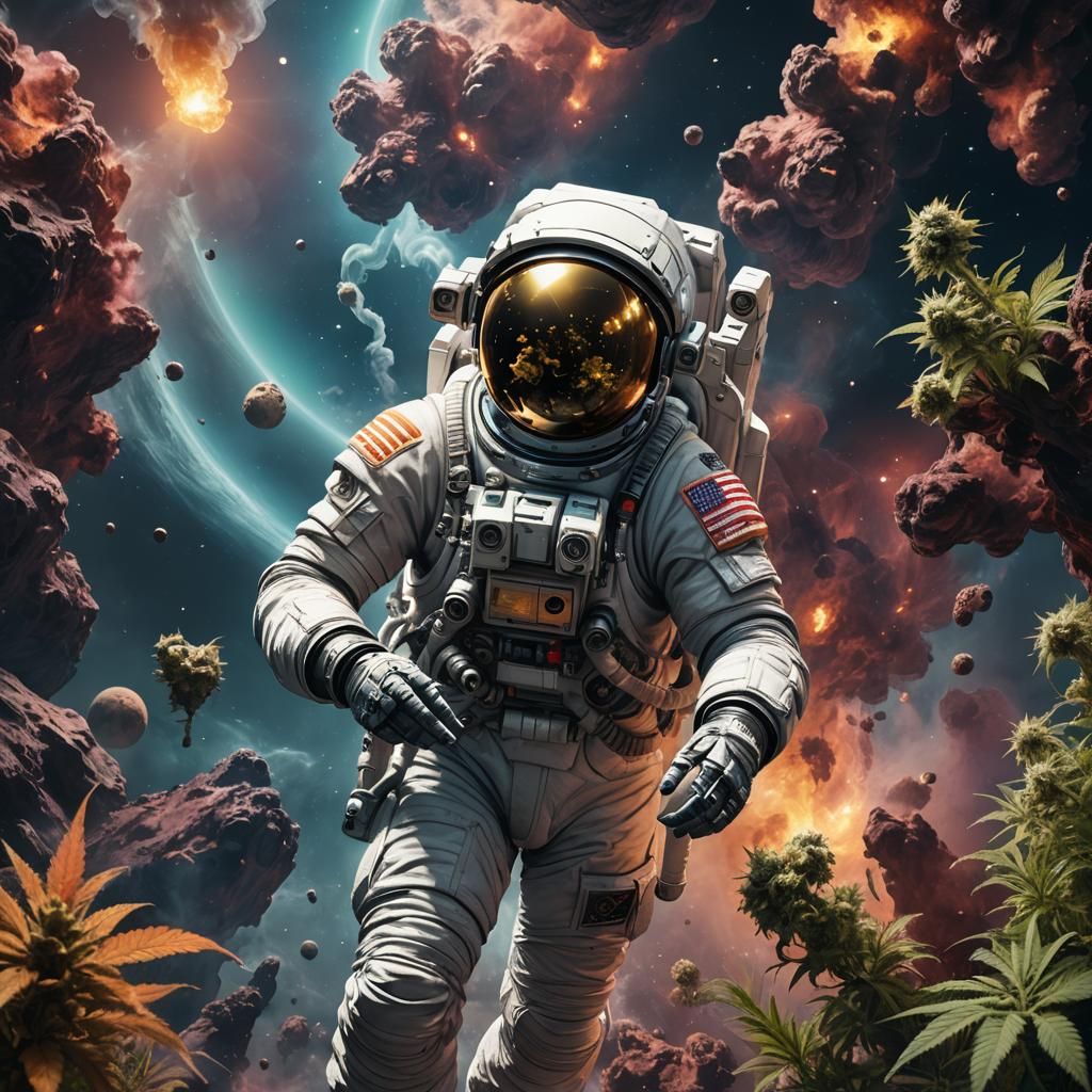 Fantasy Astronaut Smoking Cannabis: Detailed Matte Painting