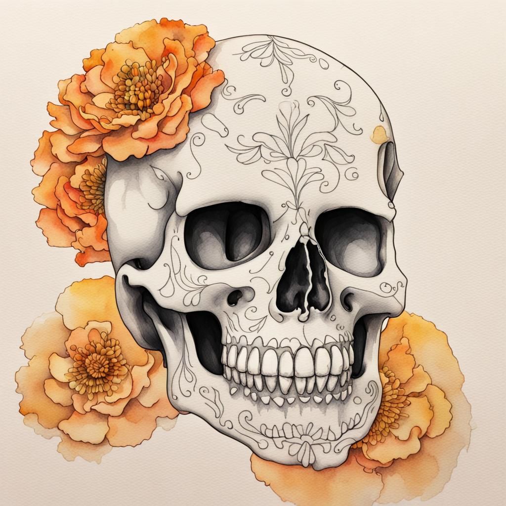 Engraved Skull and Marigolds