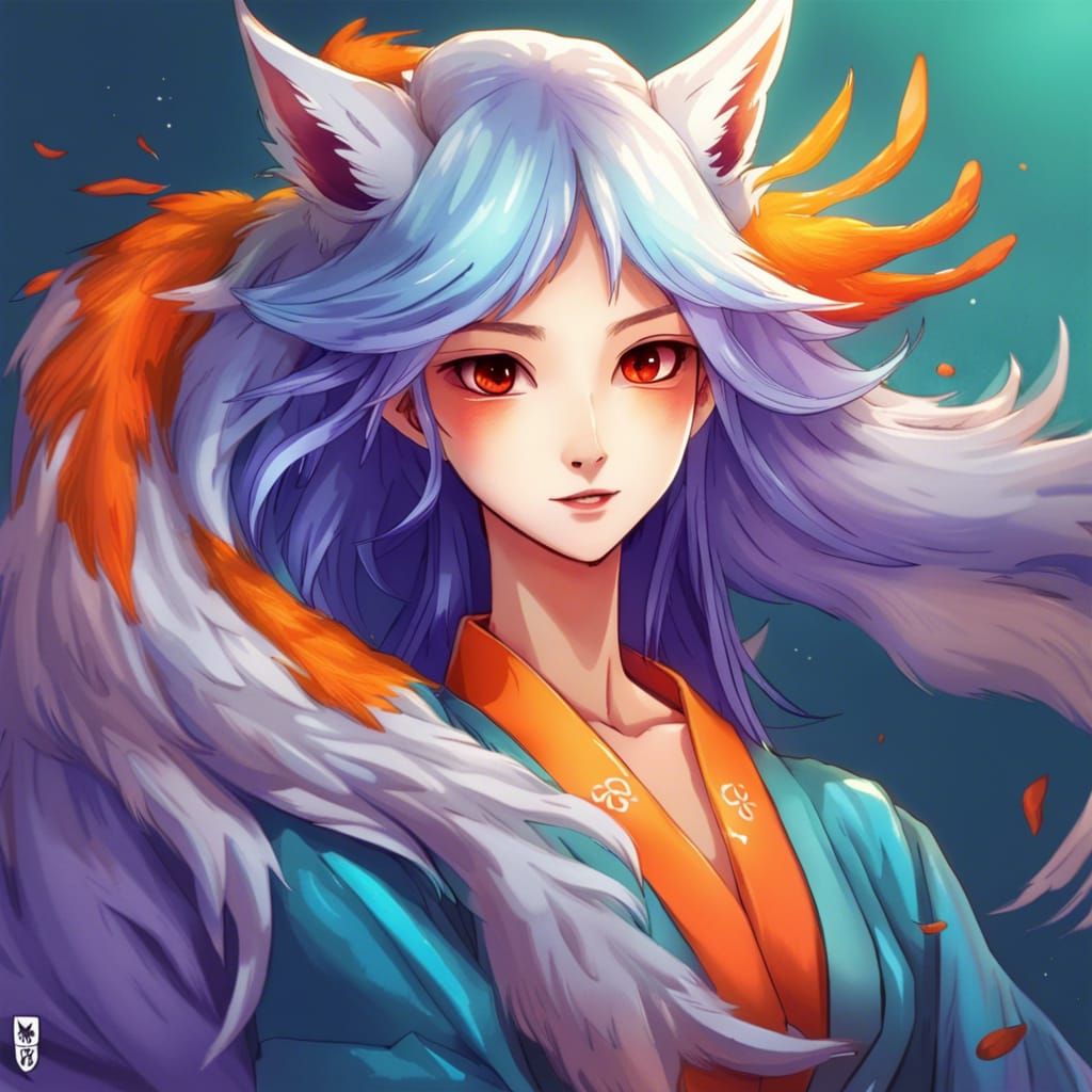 Gorgeous Nine-Tailed Fox Gumiho Selfie in Manga Style