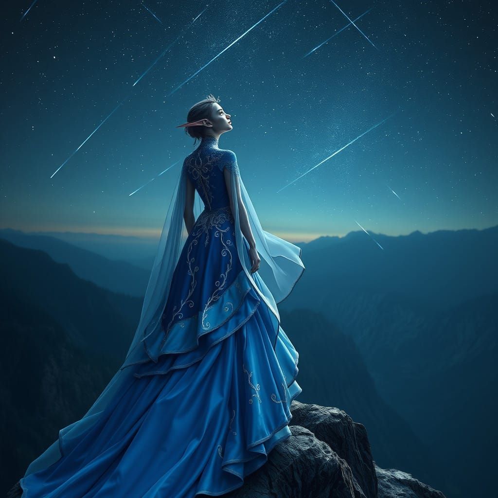 Sapphire-Eyed Elf Goddess Adorns Starry Cliff in Dreamy Fant...