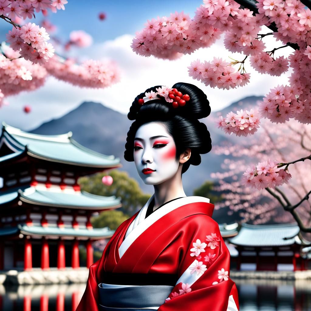 Geisha at Temple with Cherry Blossoms