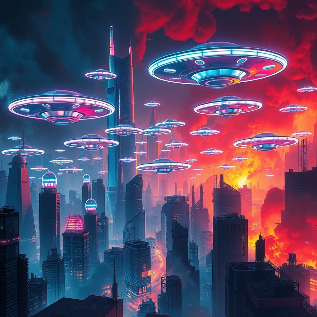 Futuristic Cityscape Under Siege by Glowing UFOs in Neon-Lit...