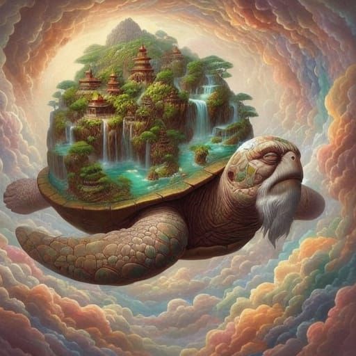Whimsical Turtle in a Rainbow Sky