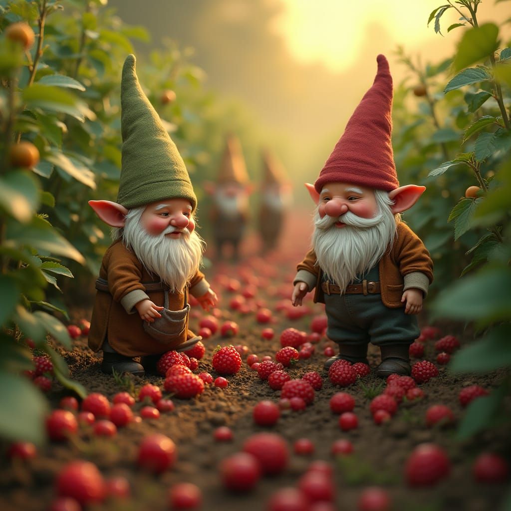 Gnomes Harvest Berries in a Vibrant, Whimsical Landscape