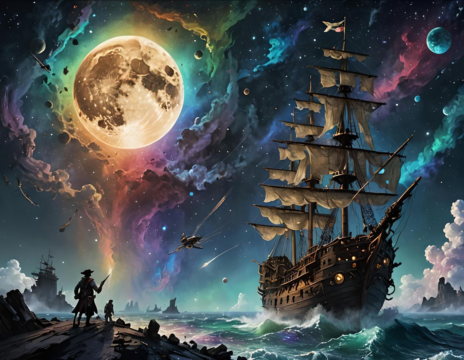 Pirate Ship Navigating Rainbow Space Nebula