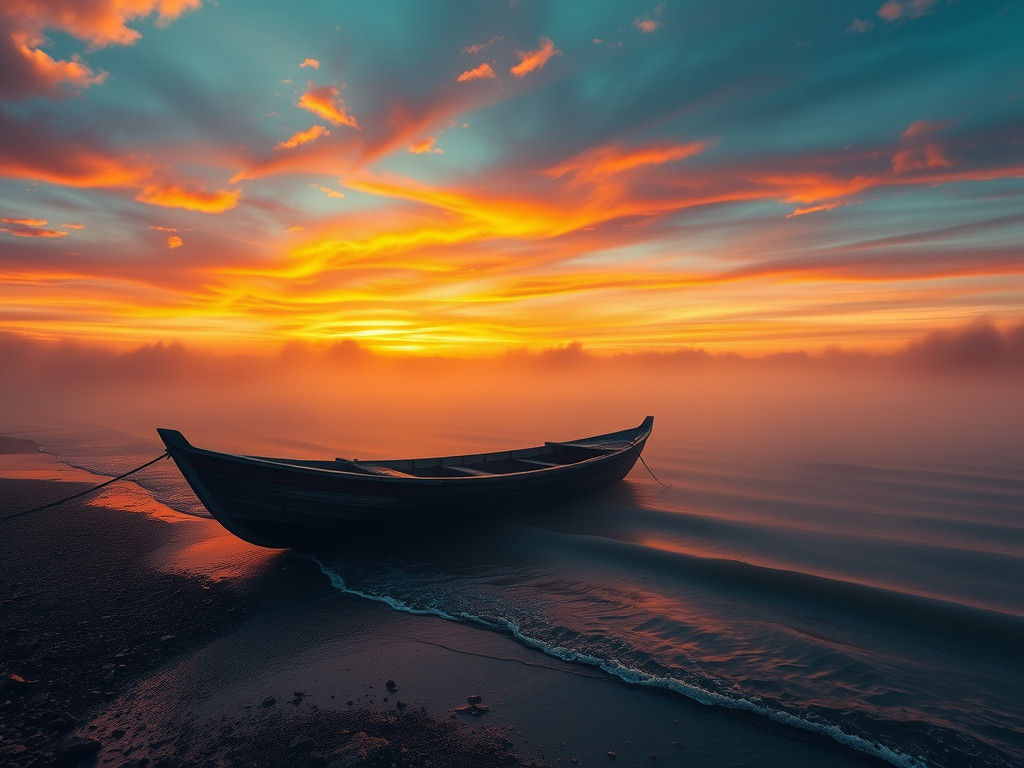 Fishing Boat at Sunset: Turner-Inspired Landscape