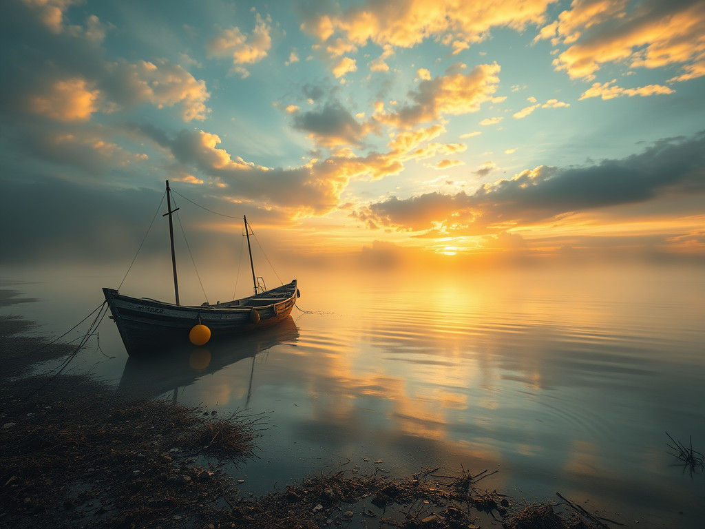 Misty River Boat Sunset: Dreamlike Digital Art