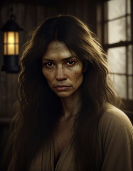 Determined Woman in Rustic Room with Golden Lantern Glow