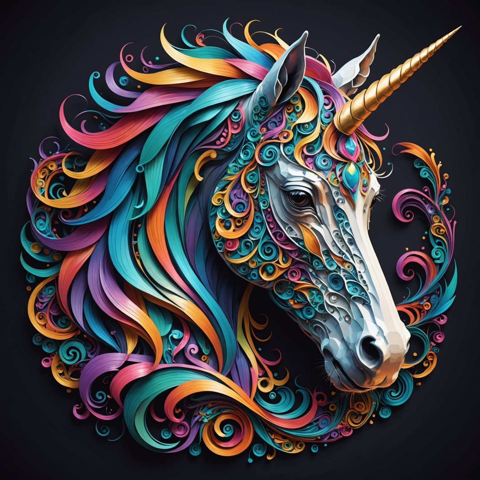 Ethereal Unicorn in Abstract Fractal Landscape