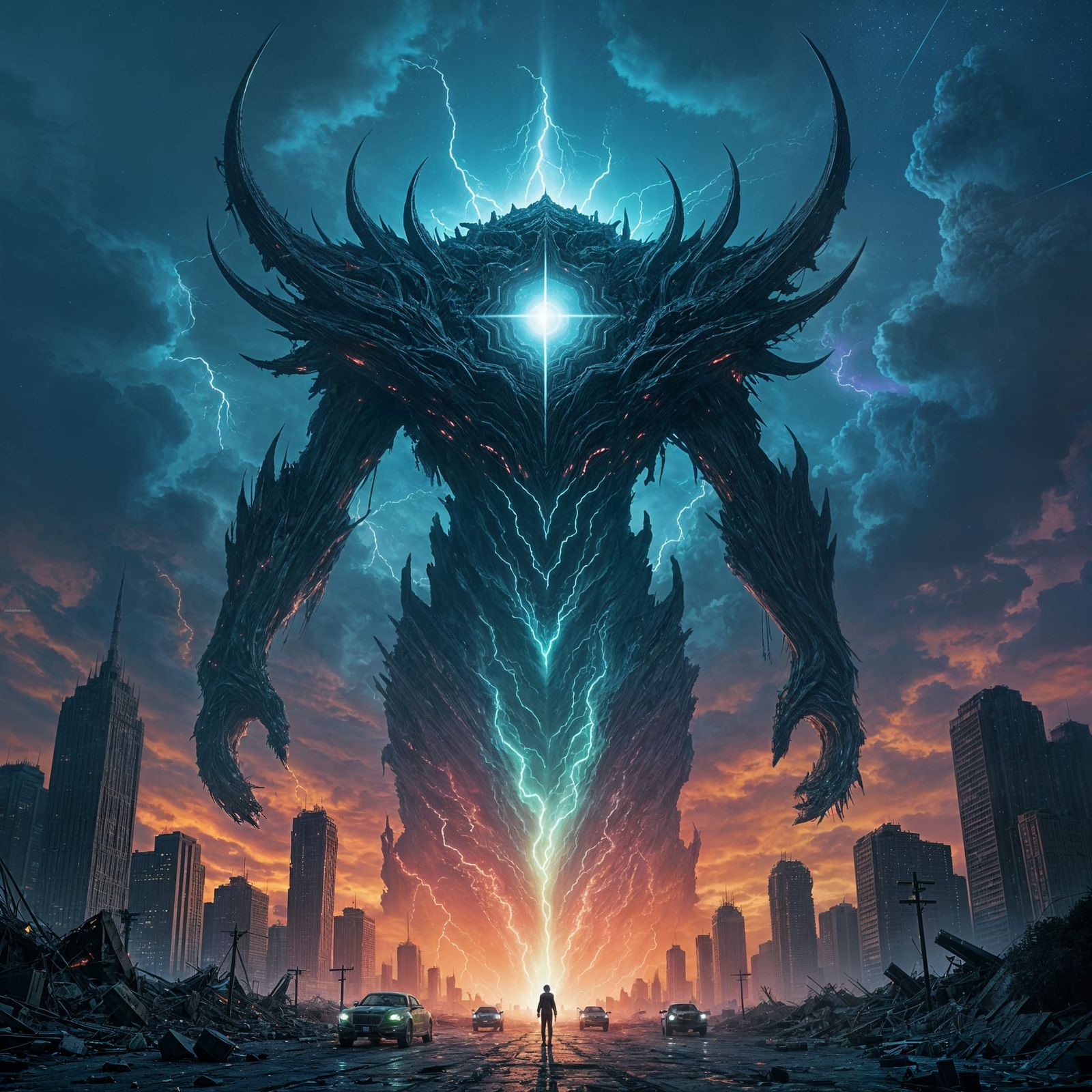 Colossal Alien Entity Descends Through Ruined Cityscape