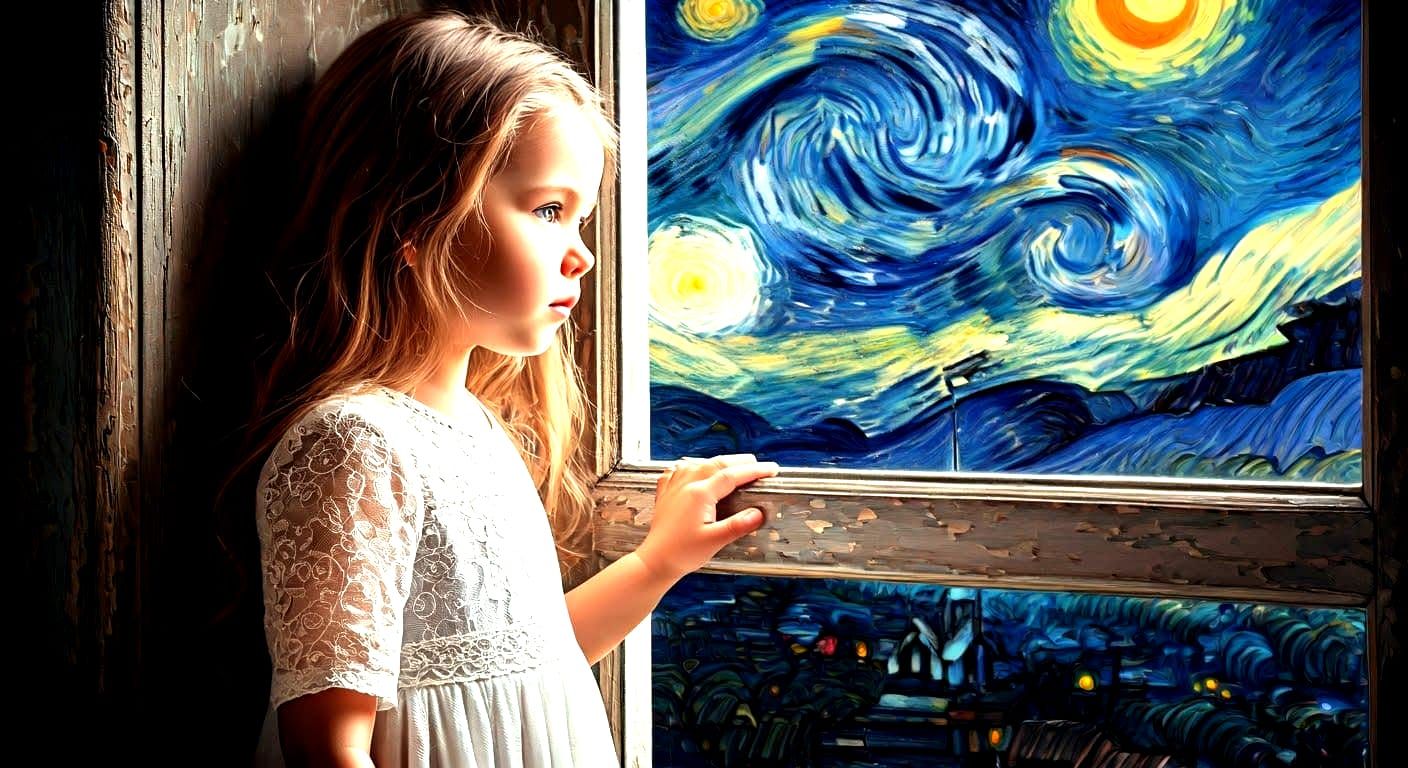 Angel Child by the Window in Whimsical Landscape