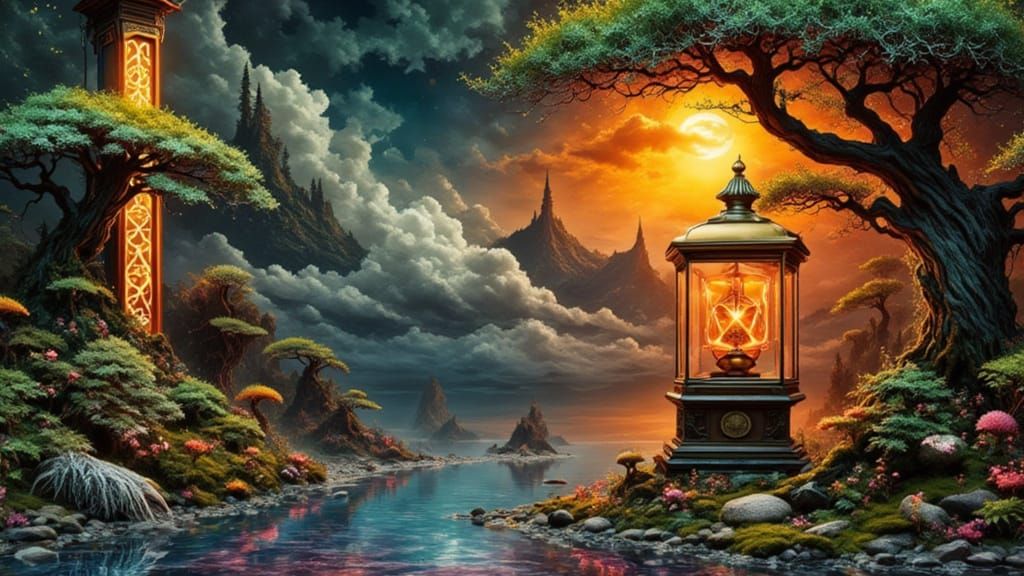 Surreal Paper Landscape with Heron and Zen Garden