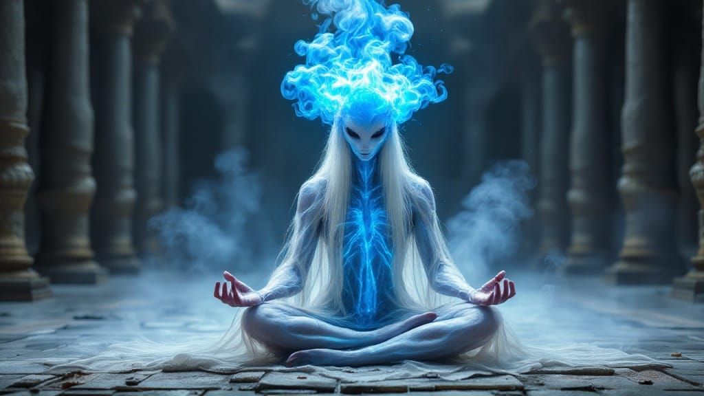Ethereal Alien-Jellyfish Hybrid Meditating in Ancient Temple