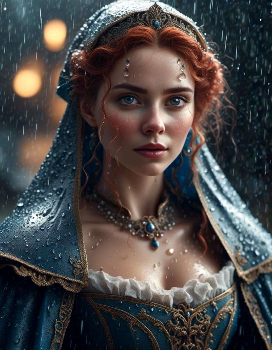 Woman in Opera Gown Walking in Rain