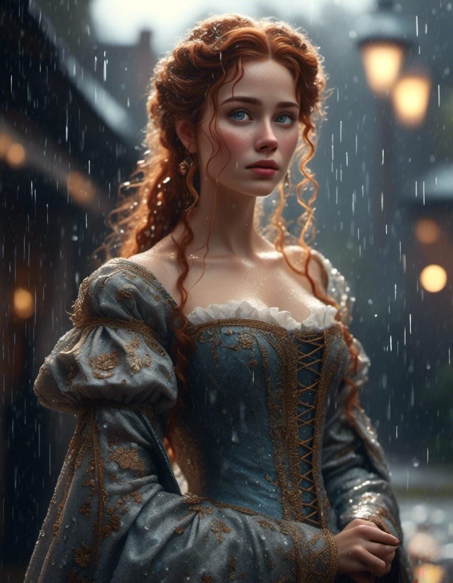 Woman in Opera Gown Walking in Rain, Hyperrealism