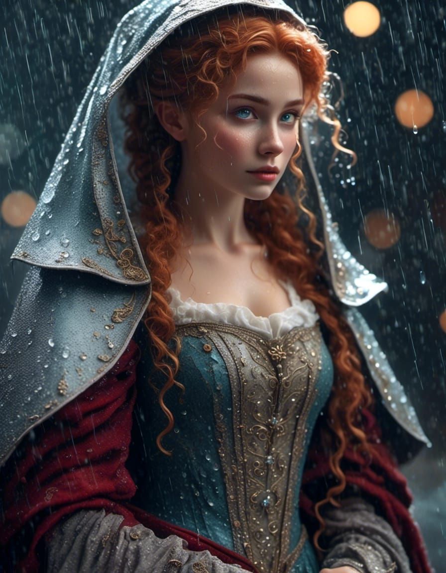 Woman in Opera Gown Walking in Rain, Hyperrealism