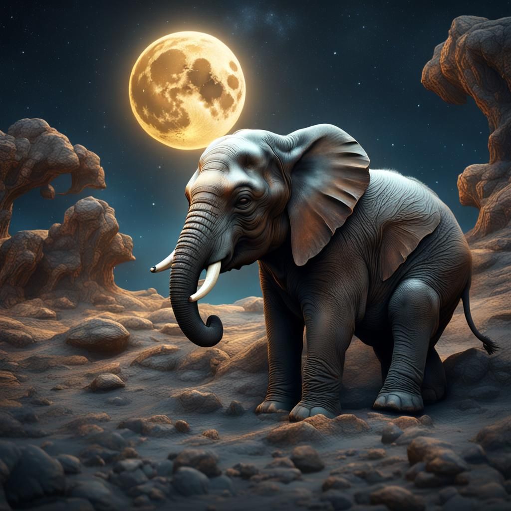 Baby Elephant's Lunar Dream: Detailed Fantasy Art