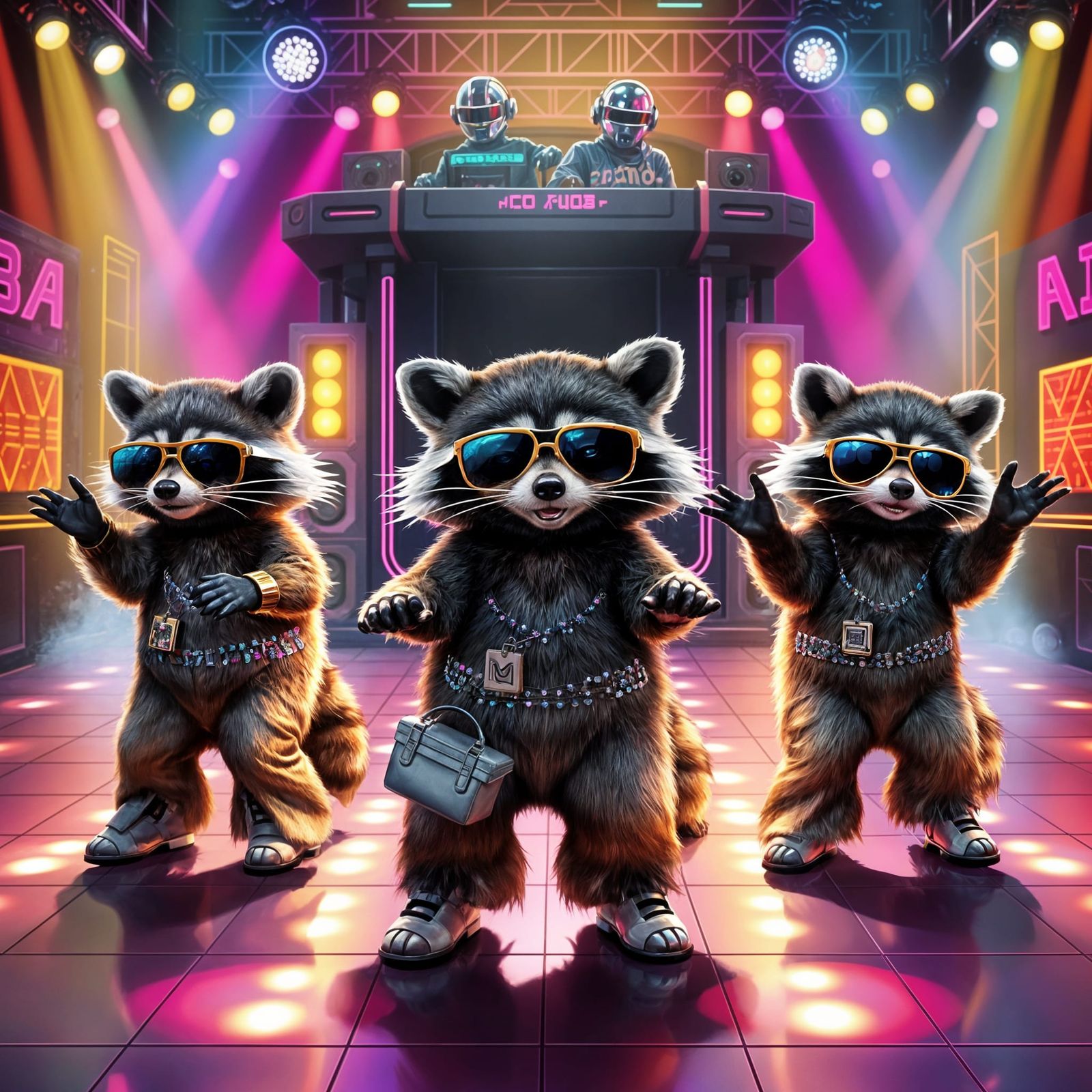 Vibrant Disco Raccoons in Retro Style
