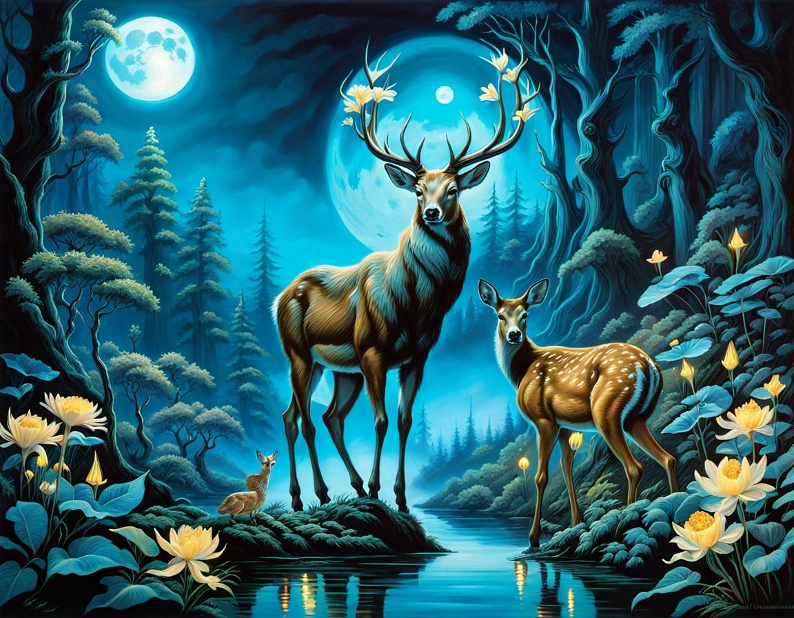 Bioluminescent Enchanted Forest with Elf and Deer