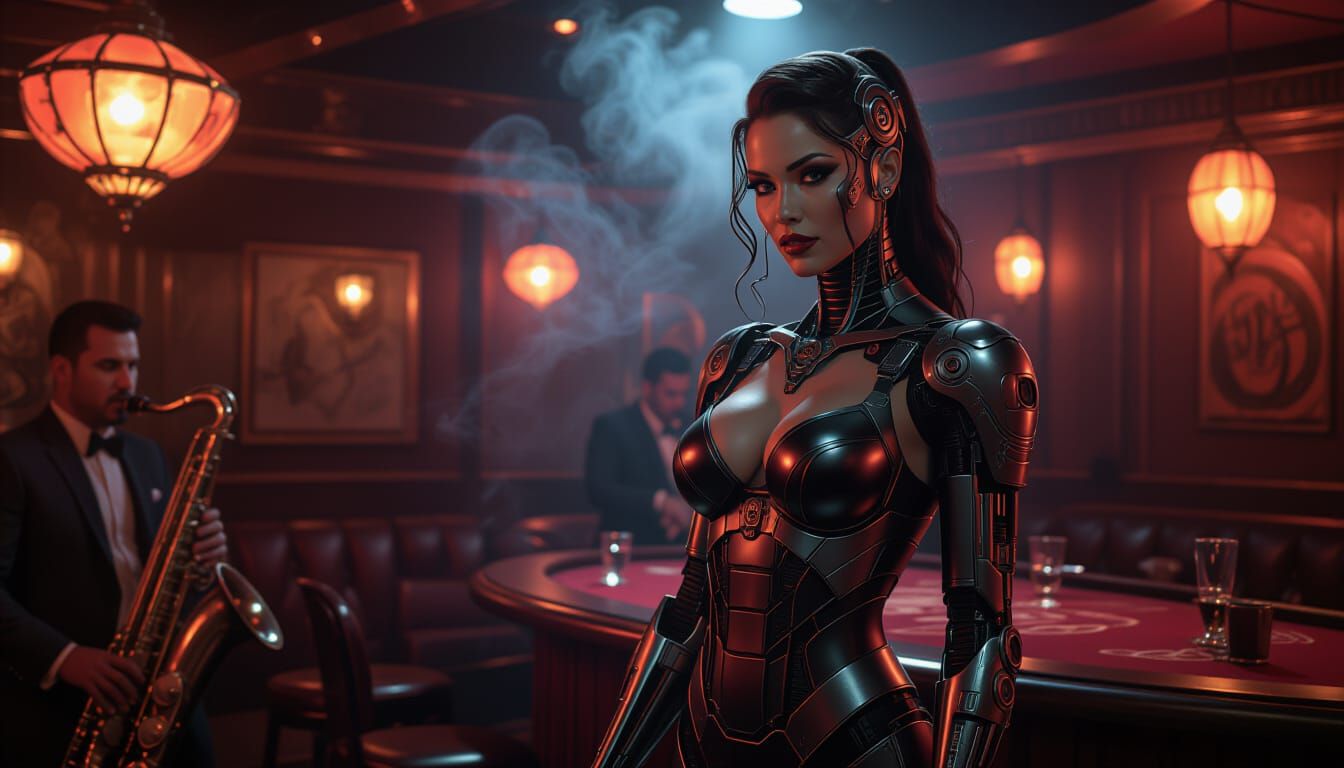 Cybernetic Gladiator in Art Deco Jazz Club